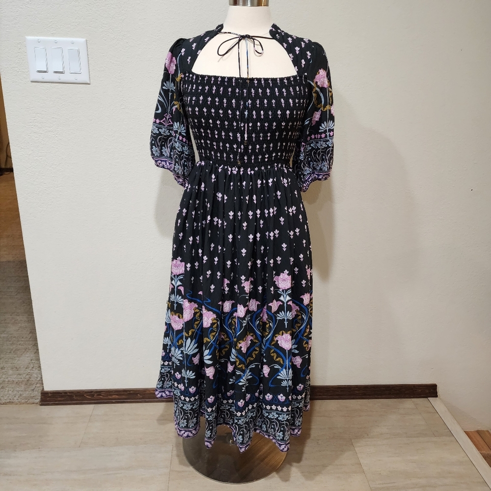 By Anthropologie Dasha Smocked Midi Dress Floral Puff Sleeve Size X-Small